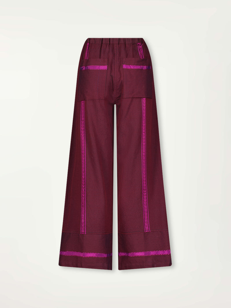 Product Back Shot of Desta Wide Leg Pants featuring rich, luxurious burgundy tones with hints of magenta.