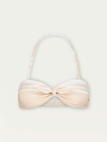 Product Front Shot of Ava Bandeau Bikini Top featuring bold stripe pattern in subtle neutral tan color on classic white ribbed ground