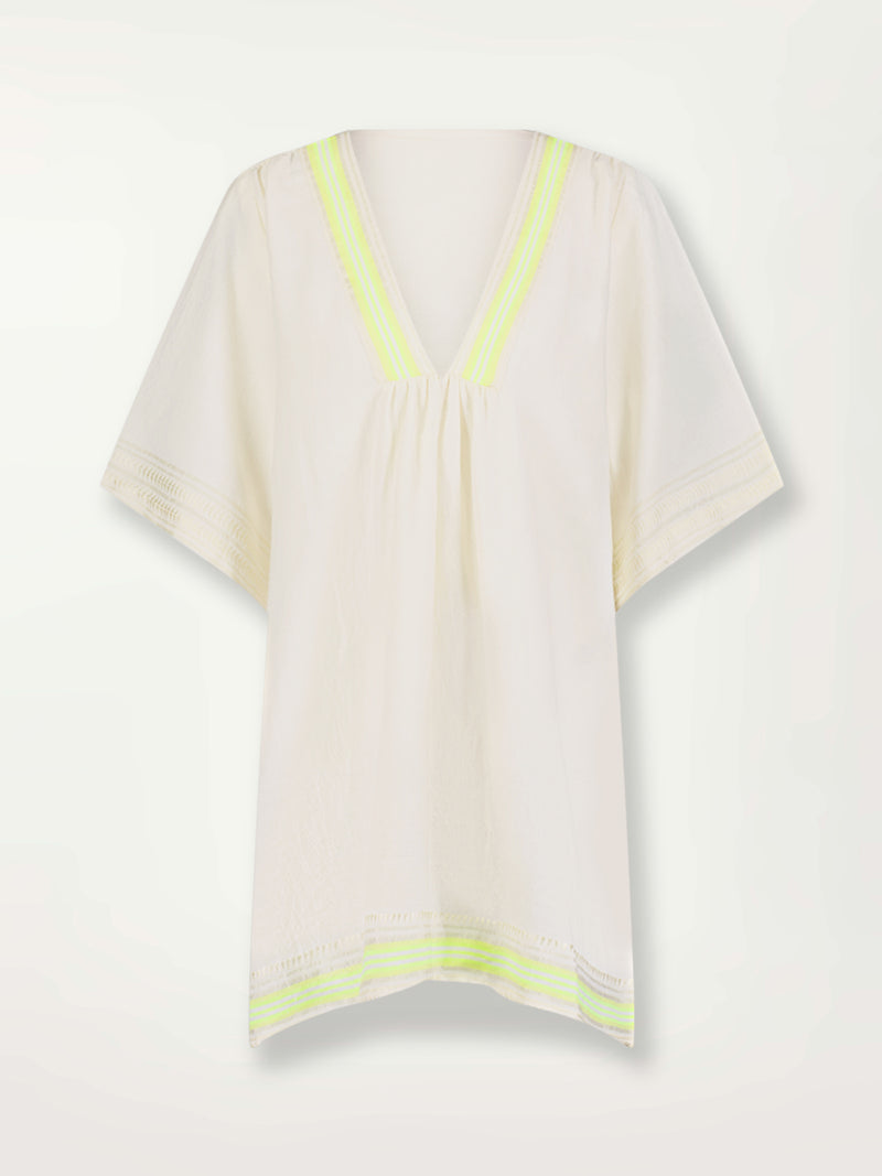  Product Front Shot of Belkis V Neck Caftan featuring combination of matte and shine natural tibebs and stripes in Vanilla Cream and Lime sorbet colors.