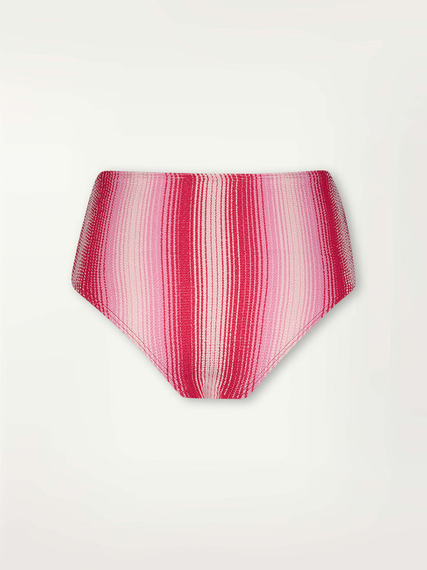 Product Back Shot of Menen High Leg bikini bottom featuring striped fabric in ombre design in white, soft pink, and raspberry colors