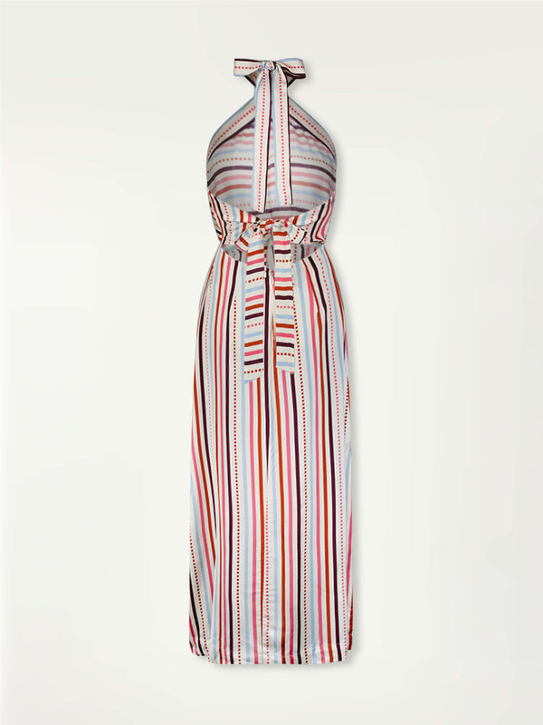 Product Back Shot of Ajani Halter Dress featuring multi stripe pattern with geometric dots with Coral, Sky blue colors grounded by brown ground color on cream background.