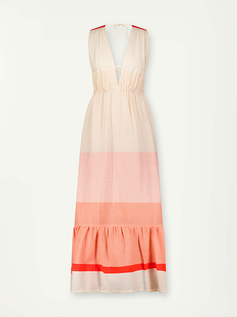 Product Front Shot of Lelisa V Neck Dress Featuring asymmetric color block details in tan and blush colors highlighted with bright orange on the soft cream background.