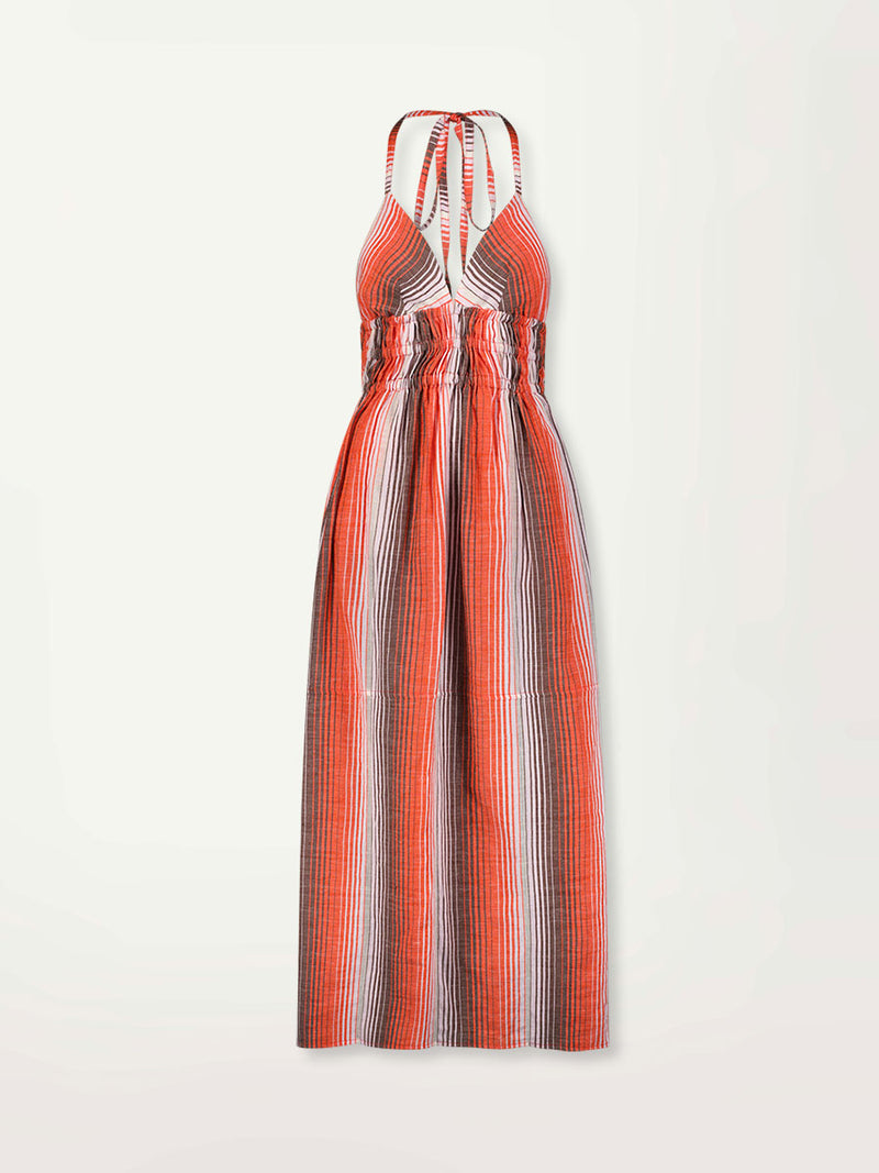 Product Front Shot of Gete Triangle Dress featuring graded continuous stripe pattern creating an ombre effect featuring earth, orchid & burnt orange.