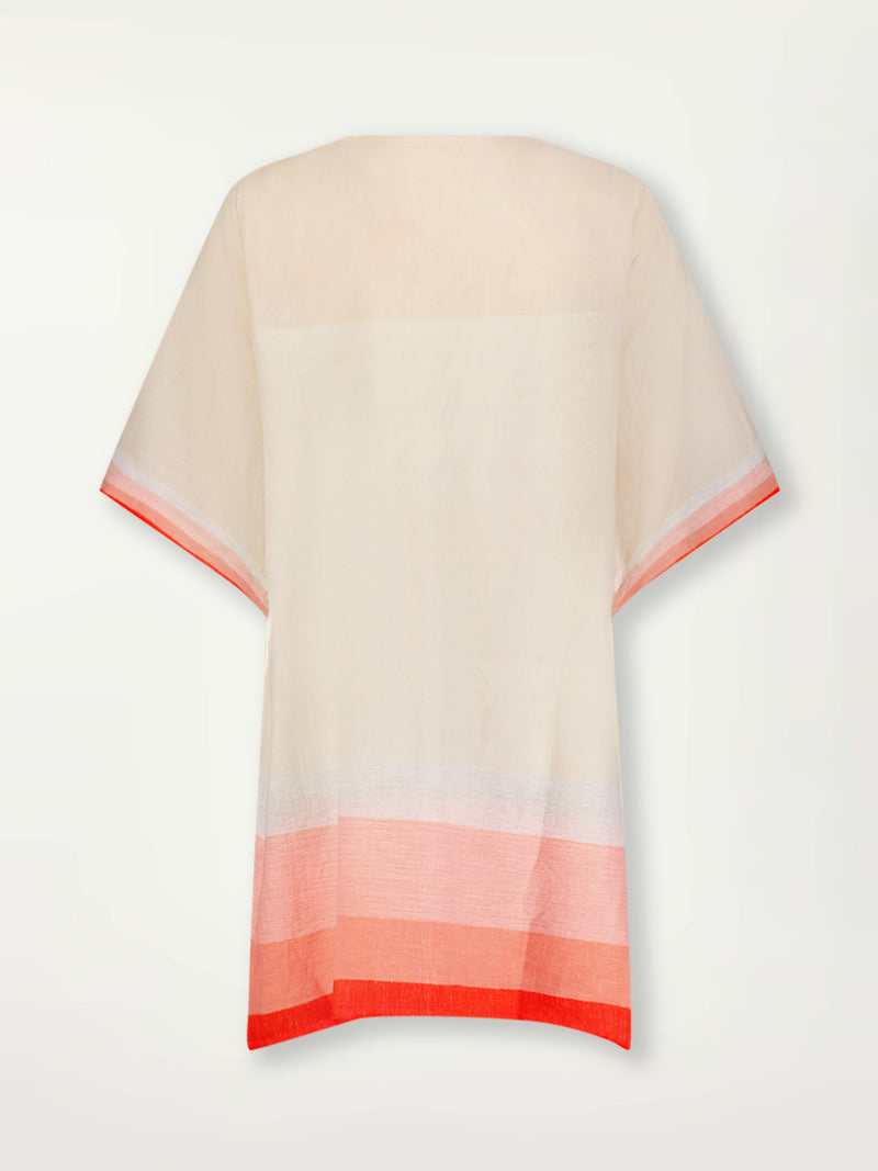 Product Back Shot of Belkis V Neck Caftan Featuring asymmetric color block details in tan and blush colors highlighted with bright orange on the soft cream background.