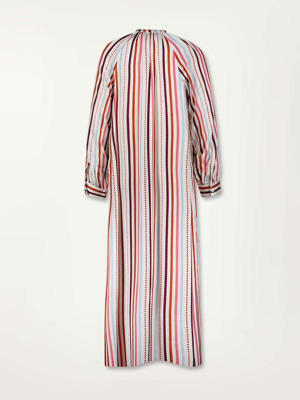 Product Back Shot of Makeda Button Up Dress featuring multi stripe pattern with geometric dots with Coral, Sky blue colors grounded by brown ground color on cream background.