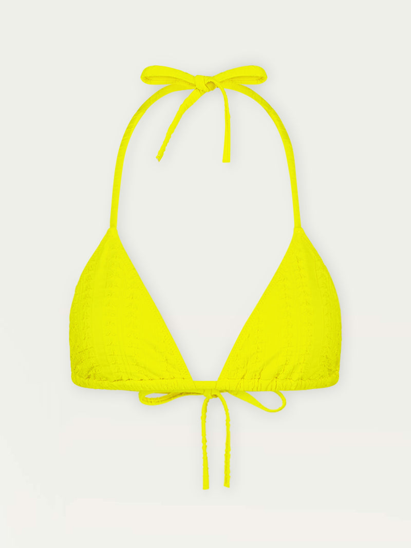 Product Front Shot of Malia Triangle Top featuring a textured down sampled Jordanos pattern in a bright flattering citron color