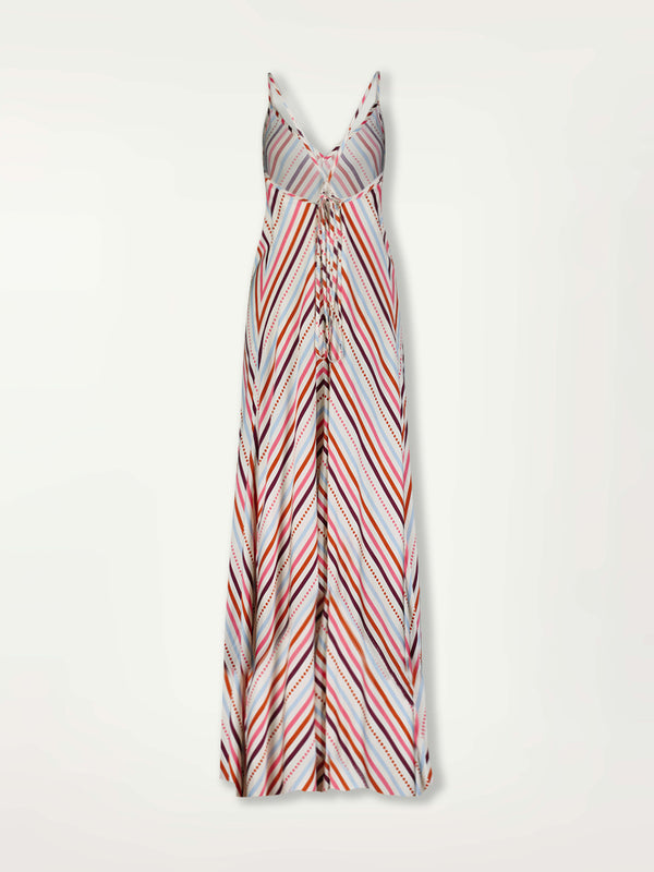 Product Back Shot of Aluna Slip Dress featuring multi stripe pattern with geometric dots with Coral, Sky blue colors grounded by brown ground color on cream background.