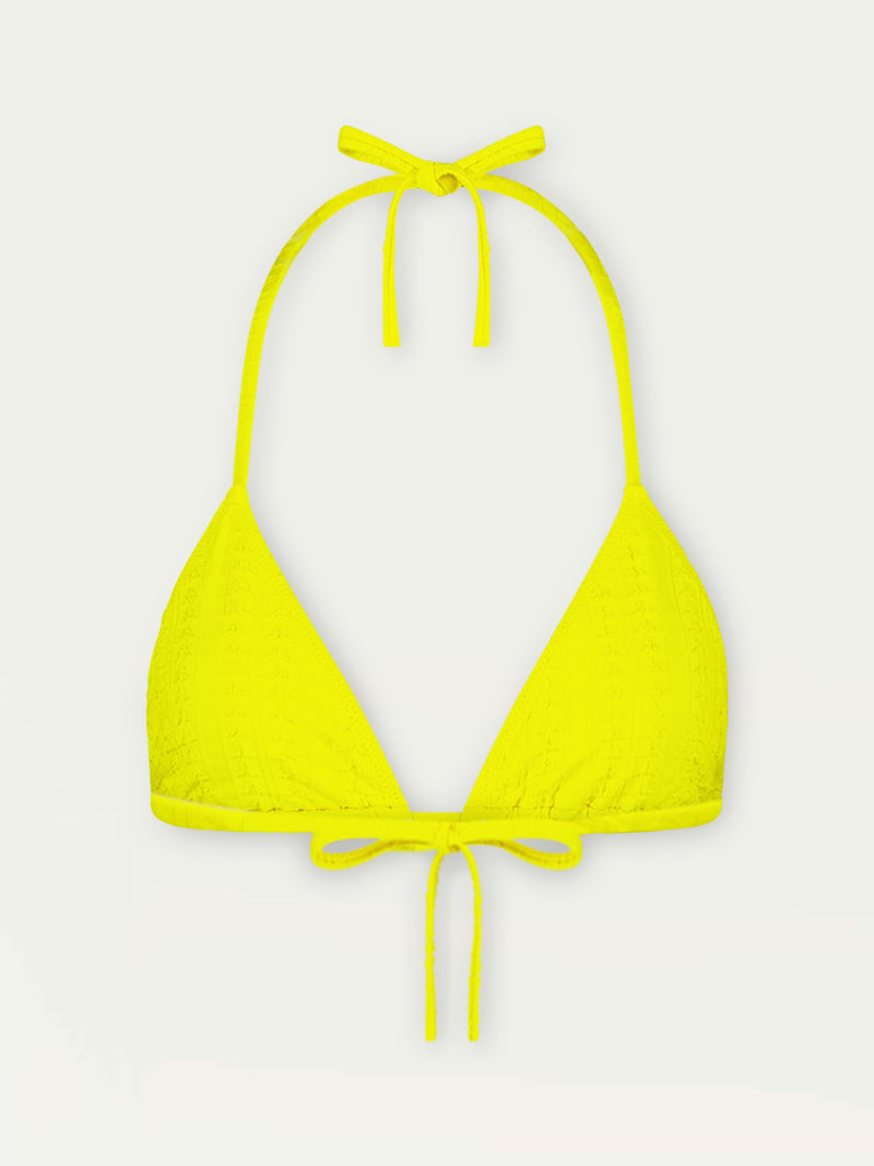 Product Back Shot of Malia Triangle Top featuring a textured down sampled Jordanos pattern in a bright flattering citron color