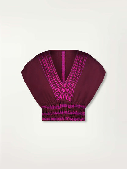 Product Front Shot of Alia Plunge Top featuring rich, luxurious burgundy tones with hints of magenta.