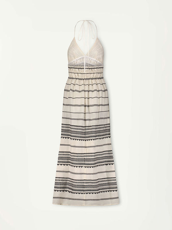 Product Back Shot of lemlem Gete Triangle Dress featuring intricate black Tibeb bands on a textured vanilla background.