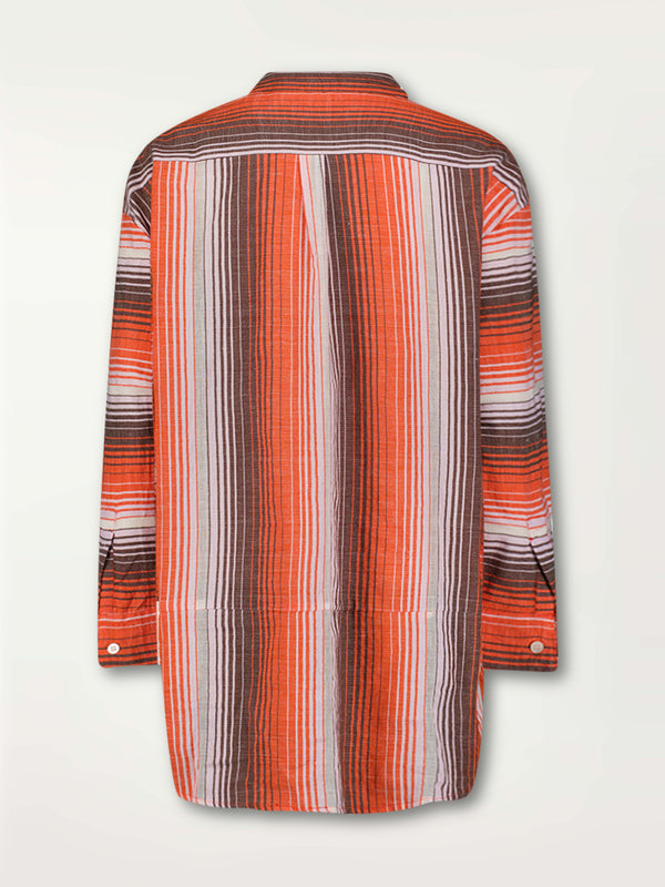 Product Back Shot of Mariam Shirt featuring graded continuous stripe pattern creating an ombre effect featuring earth, orchid & burnt orange.