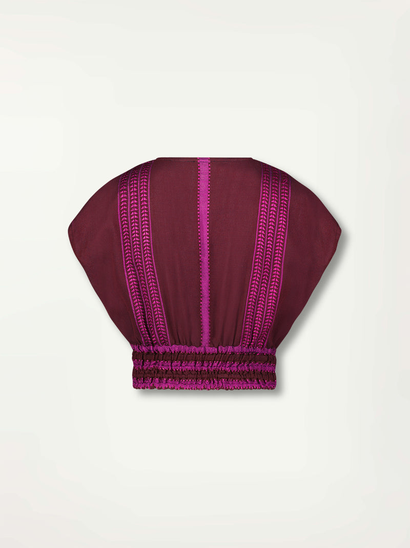 Product Back Shot of Alia Plunge Top featuring rich, luxurious burgundy tones with hints of magenta.