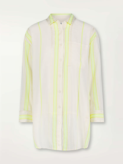  Product Front Shot of Mariam Shirt  featuring combination of matte and shine natural tibebs and stripes in Vanilla Cream and Lime sorbet colors.