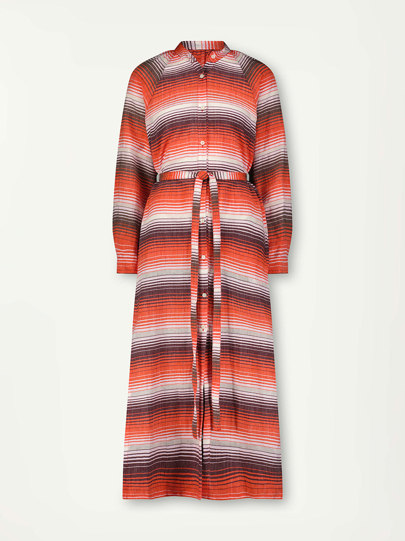 Product Front Shot of Makeda Button Up Dress featuring graded continuous stripe pattern creating an ombre effect featuring earth, orchid & burnt orange.