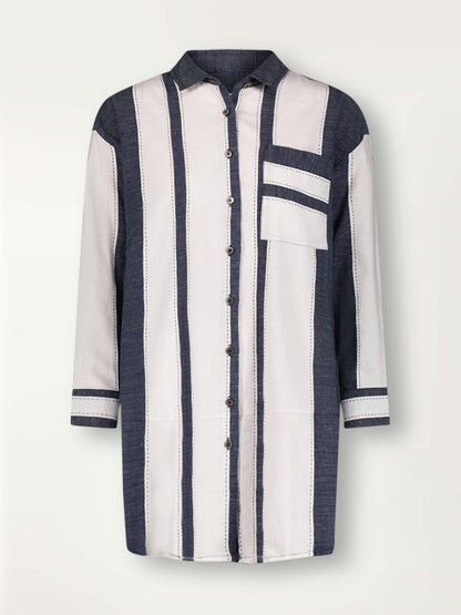 Product Front Shot of Mariam Shirt Featuring Bold Stripe Pattern with pick stitch edge in Classic Navy and White colors.