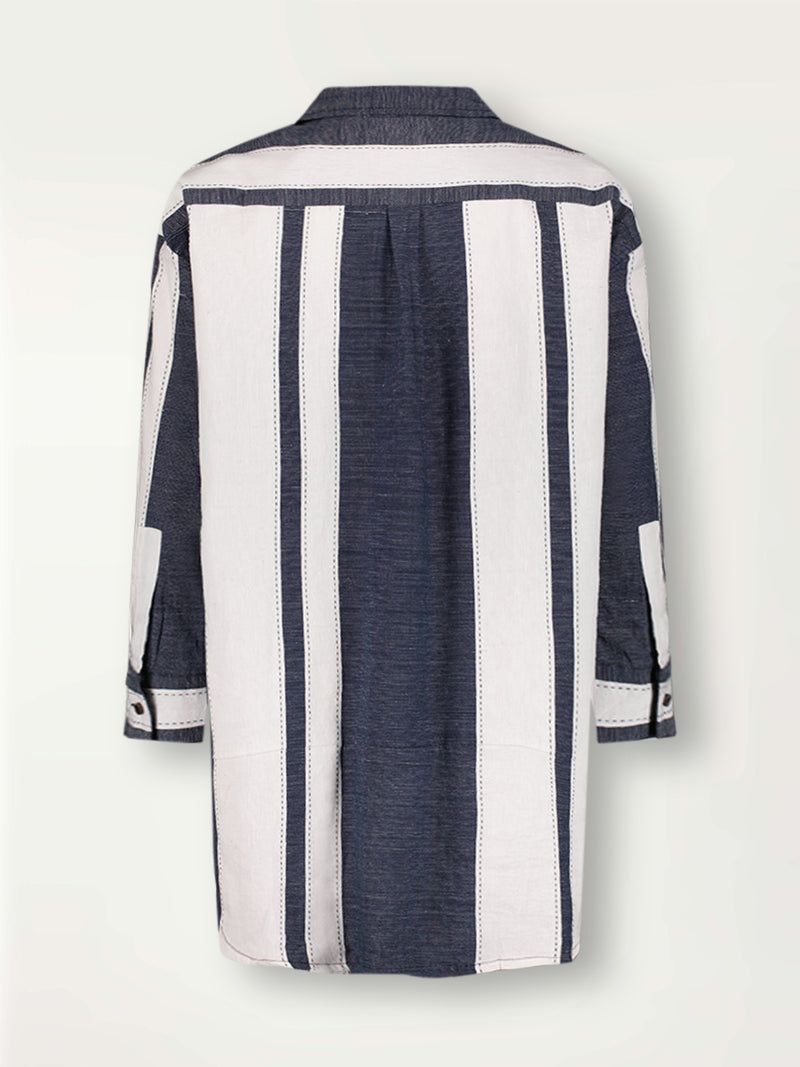 Product Back Shot of Mariam Shirt Featuring Bold Stripe Pattern with pick stitch edge in Classic Navy and White colors.