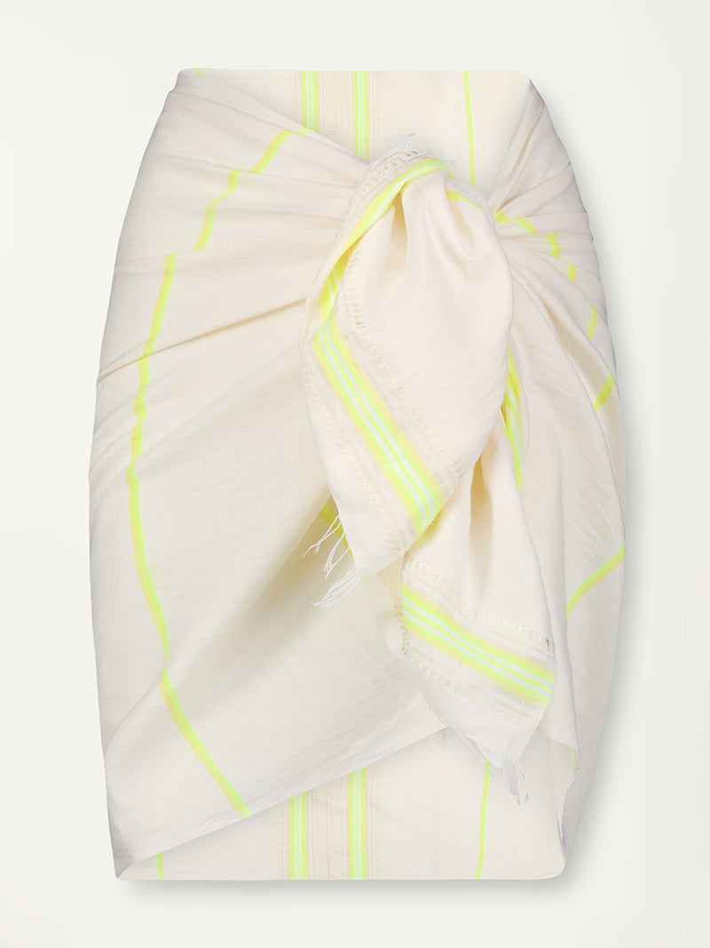 Product Front Shot of Lema Sarong featuring combination of matte and shine natural tibebs and stripes in Vanilla Cream and Lime sorbet colors.