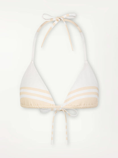 Product Front Shot of Malia Triangle Bikini Top featuring bold stripe pattern in subtle neutral tan color on classic white ribbed ground