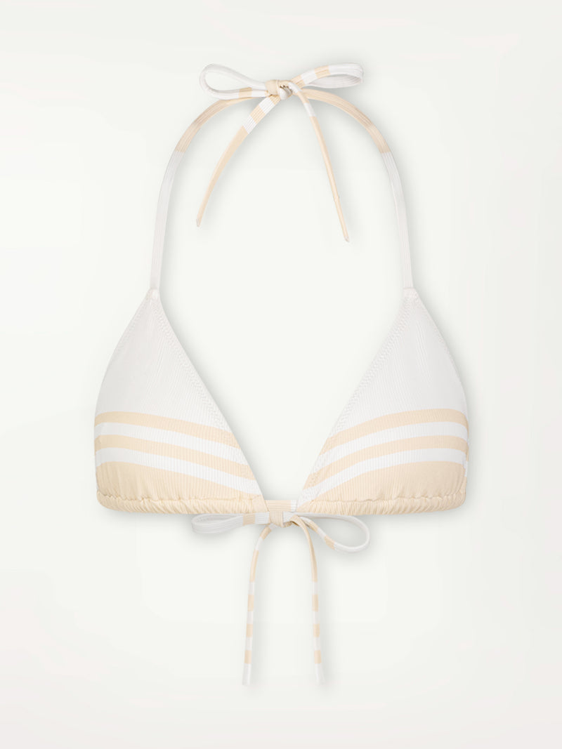 Product Front Shot of Malia Triangle Bikini Top featuring bold stripe pattern in subtle neutral tan color on classic white ribbed ground