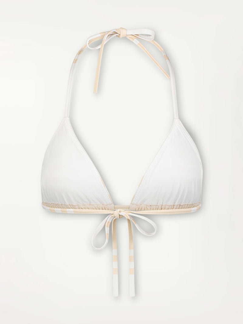 Product Back Shot of Malia Triangle Bikini Top featuring bold stripe pattern in subtle neutral tan color on classic white ribbed ground