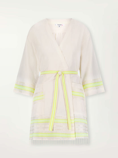 Product Front Shot of Imani Short Robe featuring combination of matte and shine natural tibebs and stripes in Vanilla Cream and Lime sorbet colors.