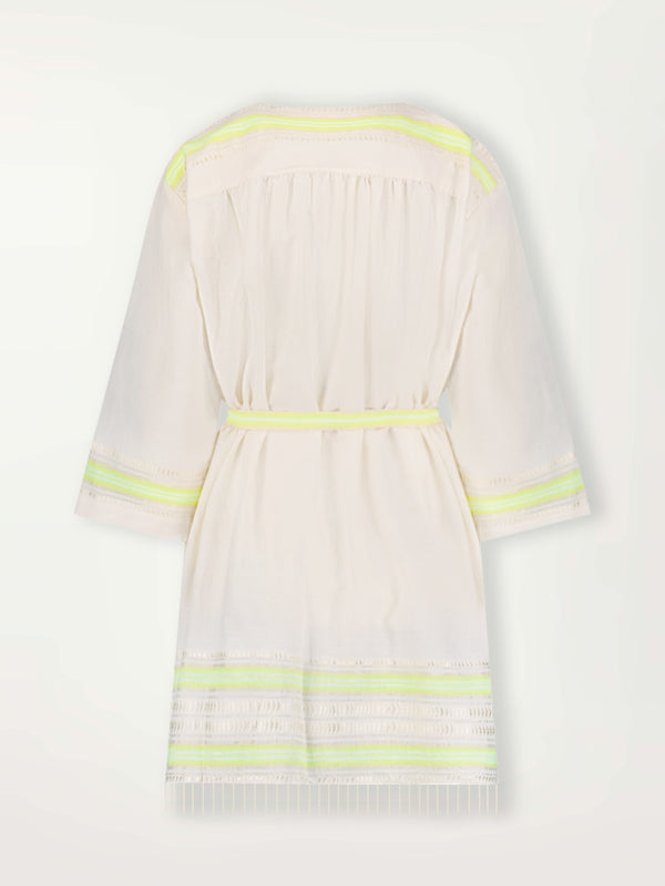 Product Back Shot of Imani Short Robe featuring combination of matte and shine natural tibebs and stripes in Vanilla Cream and Lime sorbet colors.