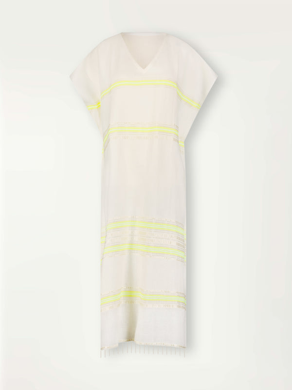 Product Front Shot of Dalila Caftan featuring combination of matte and shine natural tibebs and stripes in Vanilla Cream and Lime sorbet colors.
