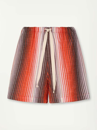 Product Front Shot of Safia Shorts featuring graded continuous stripe pattern creating an ombre effect featuring earth, orchid & burnt orange.