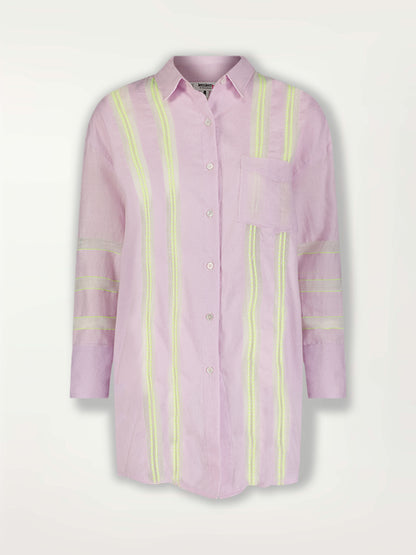 Product Front Shot of Mariam Shirt featuring lilac orchid color complemented by hints of citron neon.