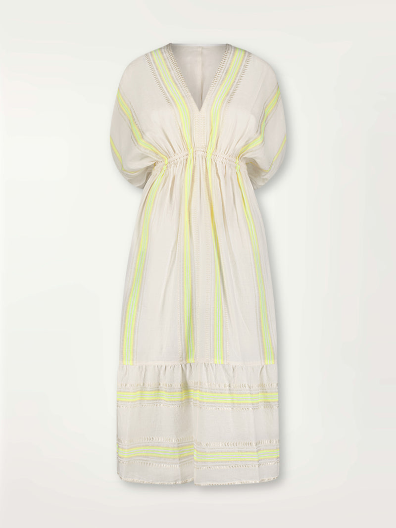 Product Front Shot of Leila Plunge Neck Dress featuring combination of matte and shine natural tibebs and stripes in Vanilla Cream and Lime sorbet colors.