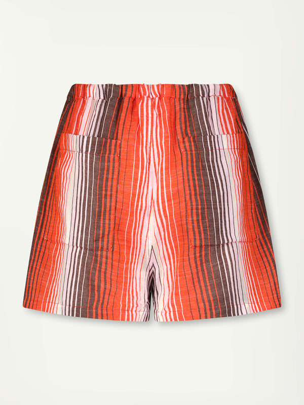 Product Back Shot of Safia Shorts featuring graded continuous stripe pattern creating an ombre effect featuring earth, orchid & burnt orange.