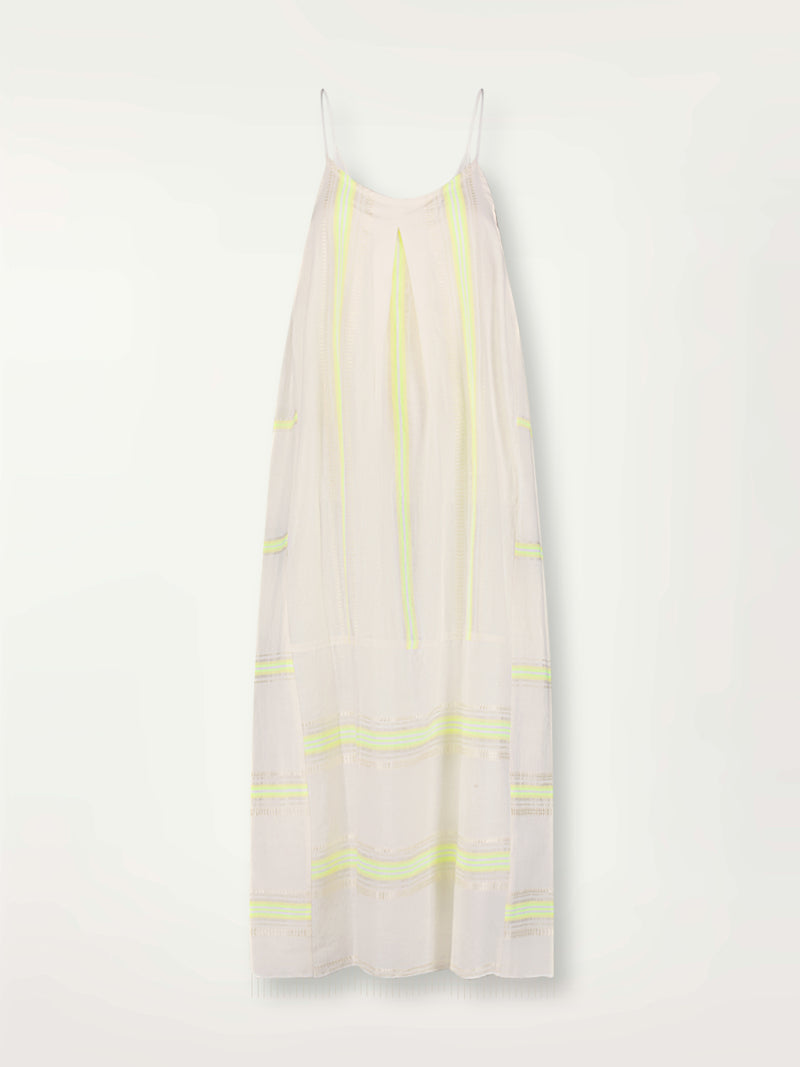 Product Front Shot of Nia Slip Dress featuring combination of matte and shine natural tibebs and stripes in Vanilla Cream and Lime sorbet colors.