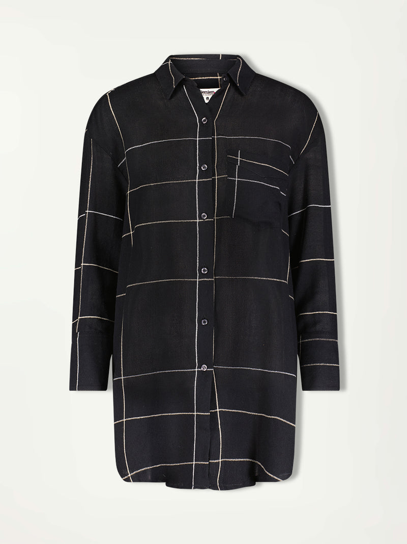 Product Front Shot of the Mariam Oversized Shirt featuring Big White Plaid Patten on Black Cotton Background