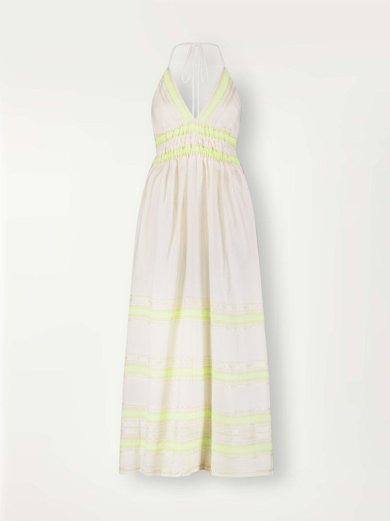 Product Front Shot of Gete Triangle Dress featuring combination of matte and shine natural tibebs and stripes in Vanilla Cream and Lime sorbet colors.