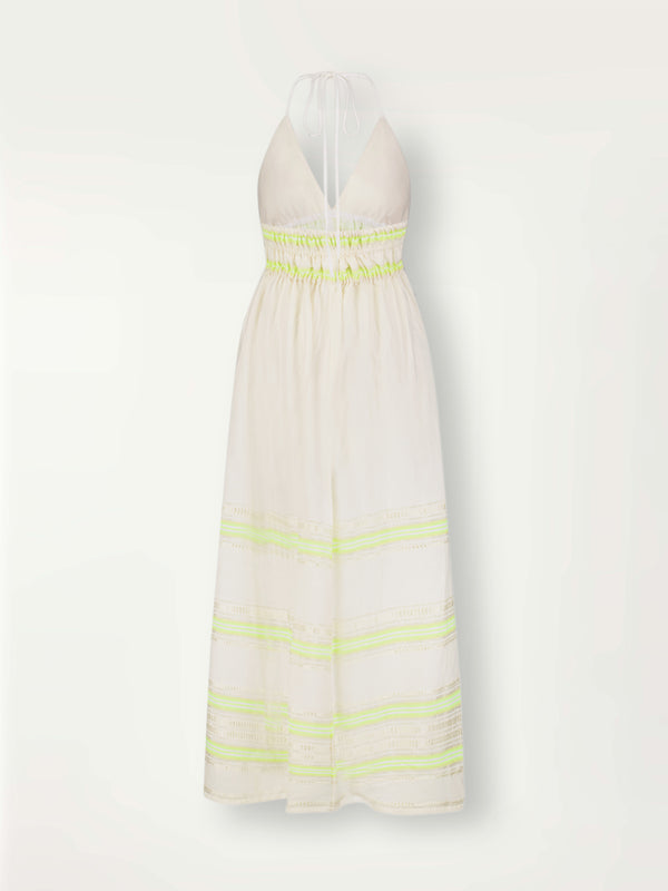 Product Back Shot of Gete Triangle Dress featuring combination of matte and shine natural tibebs and stripes in Vanilla Cream and Lime sorbet colors.