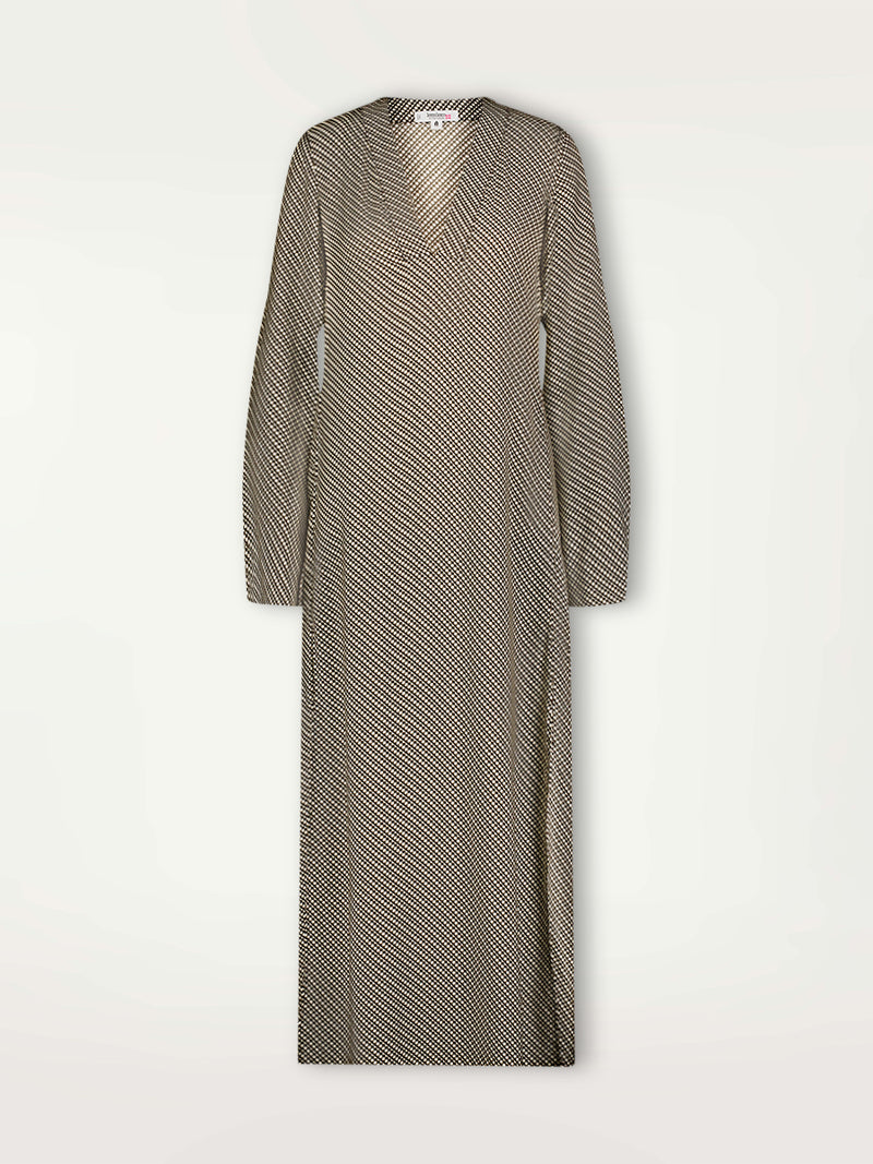 Product Front Shot of the Theodora Column Dress Featuring diamond Tibeb pattern stripes in earthy brown & natural colors.