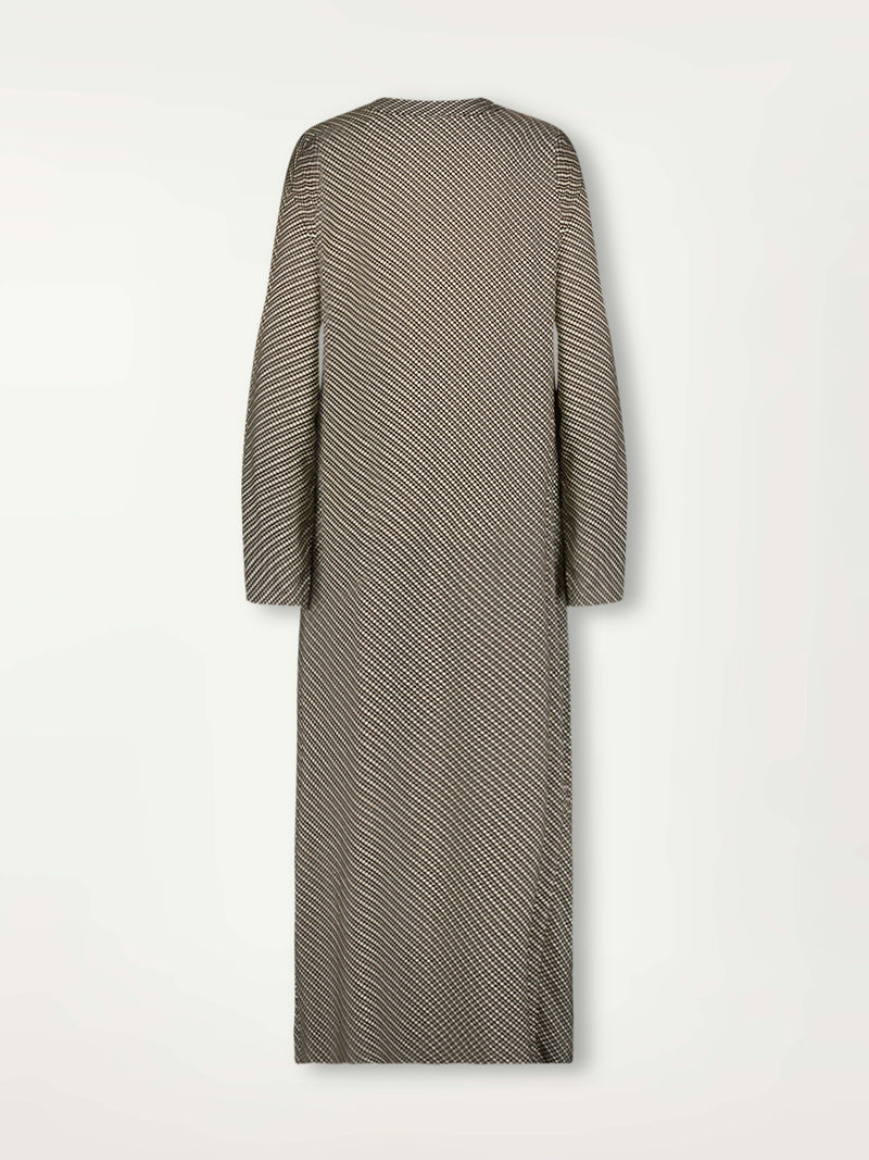 Product Back Shot of the Theodora Column Dress Featuring diamond Tibeb pattern stripes in earthy brown & natural colors.