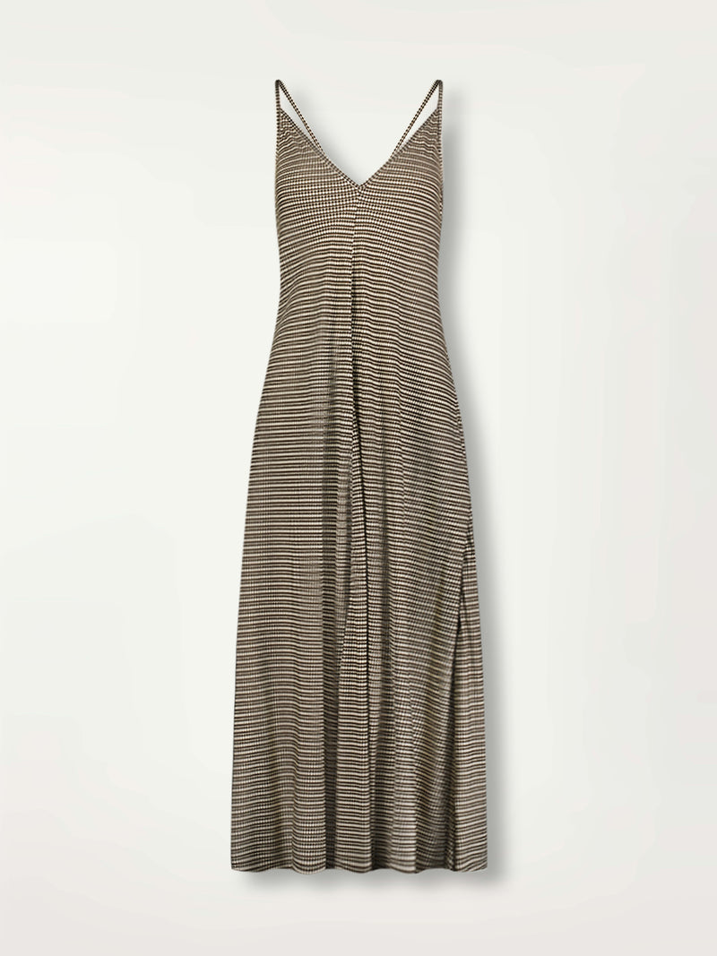 Product Front Shot of Aluna Slip Dress  featuring diamond Tibeb pattern stripes in earthy brown & natural colors.