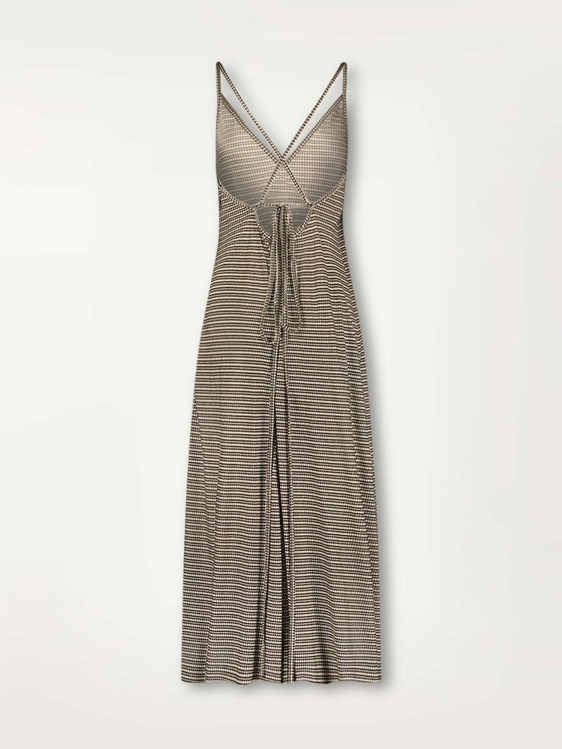 Product Back Shot of Aluna Slip Dress featuring diamond Tibeb pattern stripes in earthy brown & natural colors.