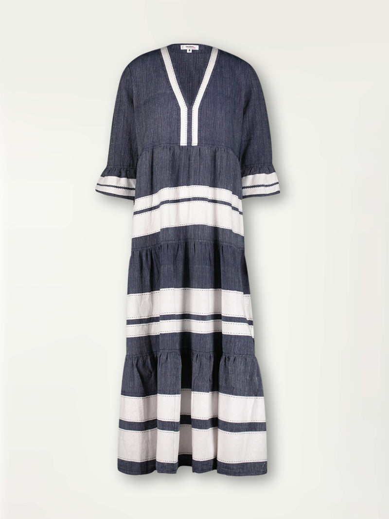 Product Front Shot of Hawi Flutter Dress Featuring Bold Stripe Pattern with pick stitch edge in Classic Navy and White colors.