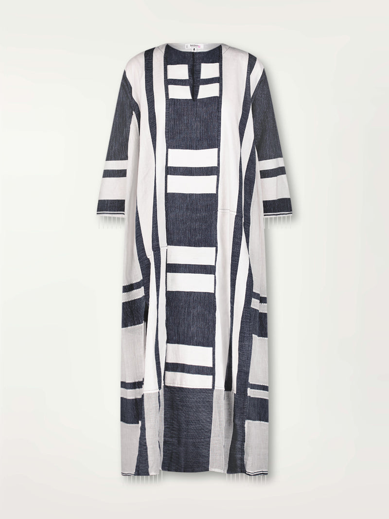 Product Front Shot of Fana Caftan Featuring Bold Stripe Pattern with pick stitch edge in Classic Navy and White colors.