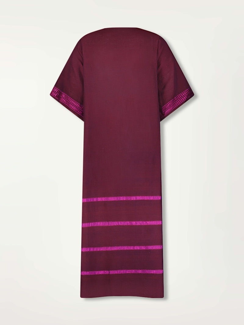 Product  Back Shot of Edna V Neck Dress featuring rich, luxurious burgundy tones with hints of magenta.