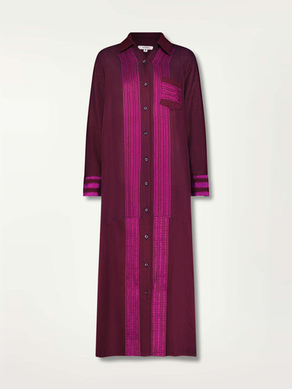 Product Front Shot of Anata Shirt Dress featuring rich, luxurious burgundy tones with hints of magenta.