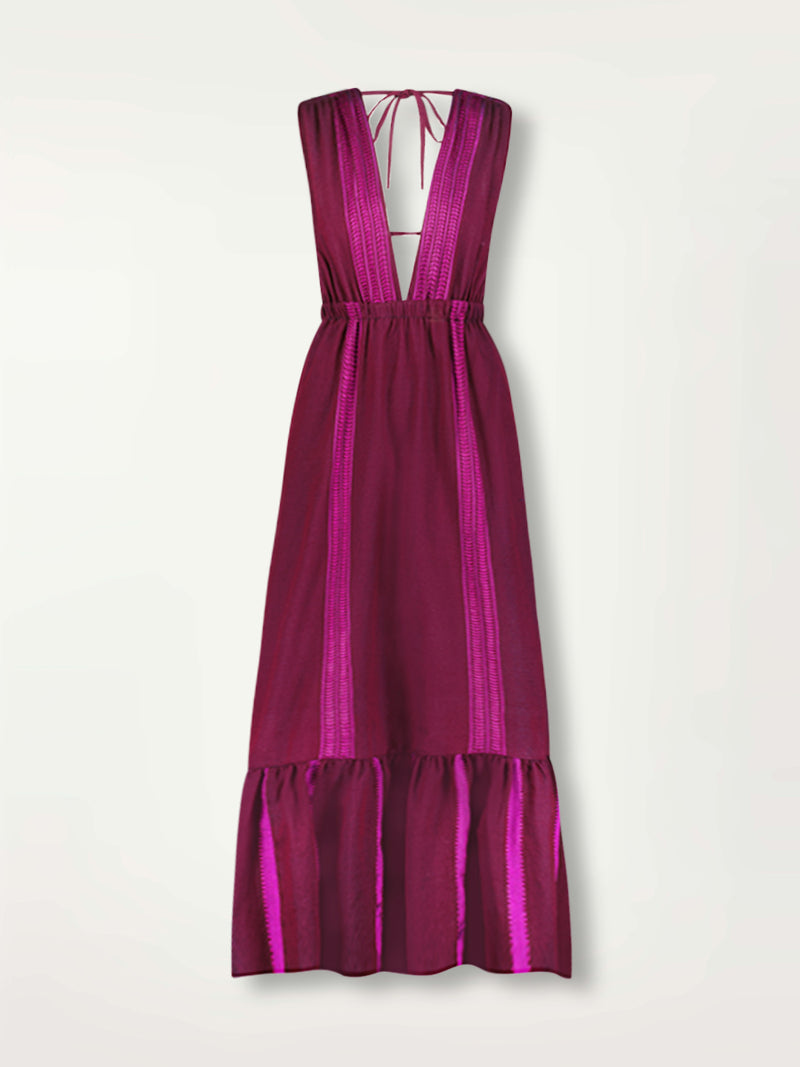 Product Front Shot of Lelisa V Neck Dress featuring rich, luxurious burgundy tones with hints of magenta.