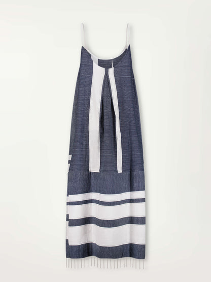 Product Front Shot of Nia Slip Dress Featuring Bold Stripe Pattern with pick stitch edge in Classic Navy and White colors.