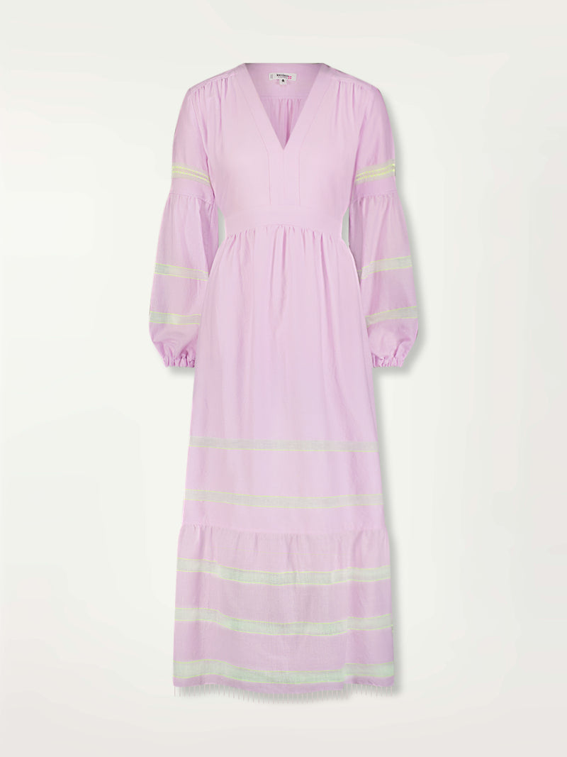 Product Front Shot of Elsabet Belted Dress Featuring lilac orchid color complemented by hints of citron neon.