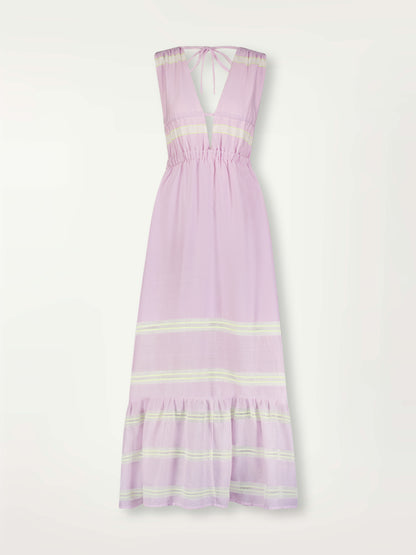 Product Front Shot of Lelisa V Neck Dress Featuring lilac orchid color complemented by hints of citron neon.