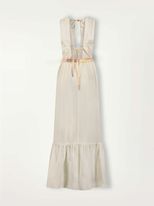 Product Back Shot of Lelisa V Neck Dress featuring cream linen tencel accented with vibrant lemlem stripe pattern in warm orange, yellow and peach tones