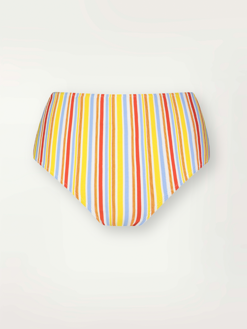 Multicolored striped high-waisted bikini bottom on a white background