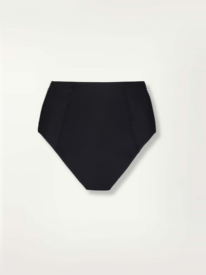 Product Front Shot Of Lena Black High Waist Bikini Bottom featuring tibeb pattern on the sides